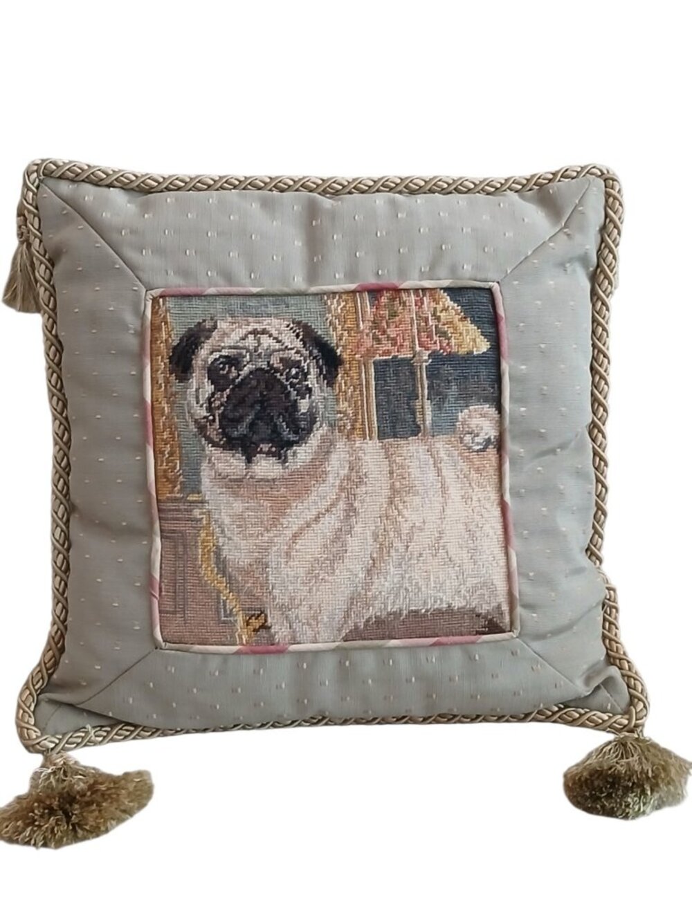 Vintage Pug Needlepoint Pillow Tassel Trim Sage Gold 13x13
